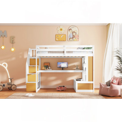 Lit mezzanine double avec bureau et tablettes