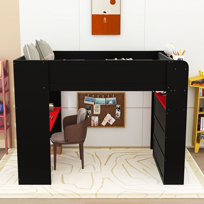 Lit mezzanine double avec bureau, lumière RVB, tablettes de rangement et station de charge, Rouge