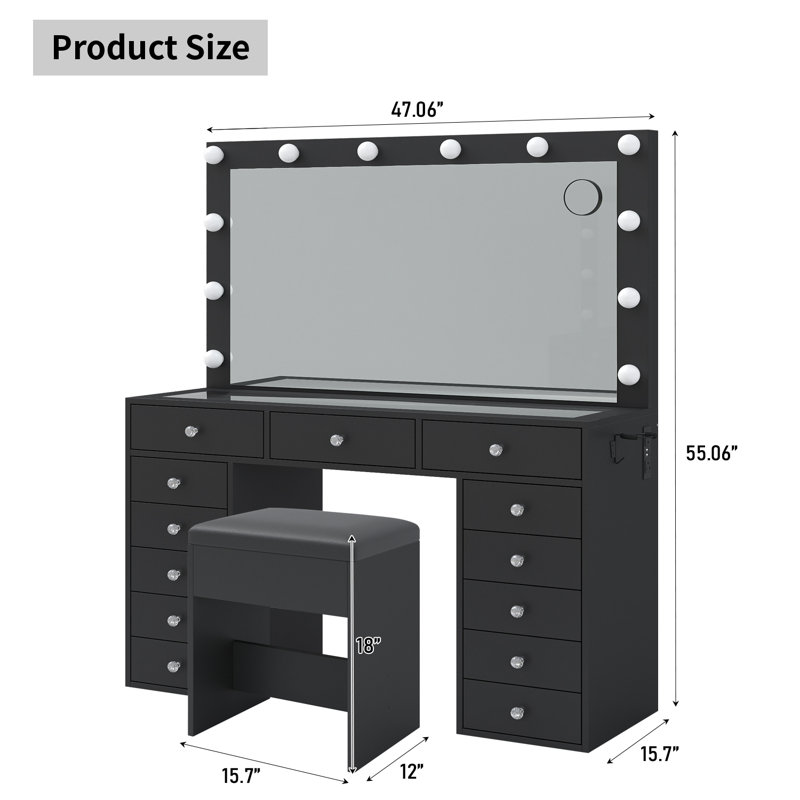 13 Drawers Vanity Desk, Makeup Vanity With Power Outlet, Vanity Table With Mirror And 12 LED Bulbs, 3 Lighting Modes, Glass Top Dressing Table With Chair