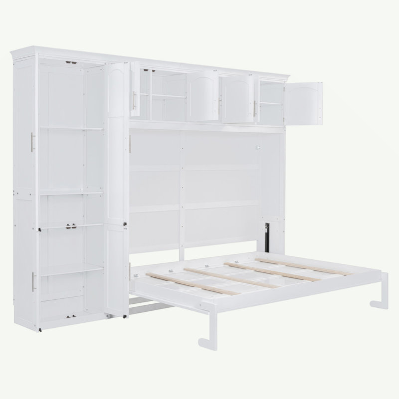Grand lit escamotable avec armoires de rangement et tablettes, Blanc