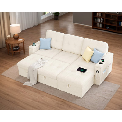 Sleeper Sofa Bed, 84 Inch Pull Out Couch With 2 USB & Cup Holders, Tufted L Shape Convertible Sofa With Storage Chaise by Latitude Run
