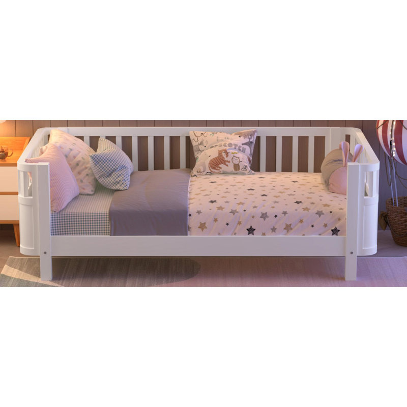Wood Twin Size Platform Bed For Kids With Safety Guardrail, Low Profile Design, White Finish