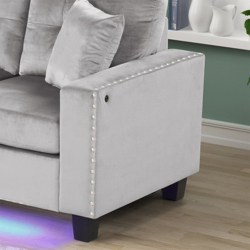 Sorenza 74"W Grey Velvet Reversible Sectional Sofa Chaise With LED Light, Grey Velvet