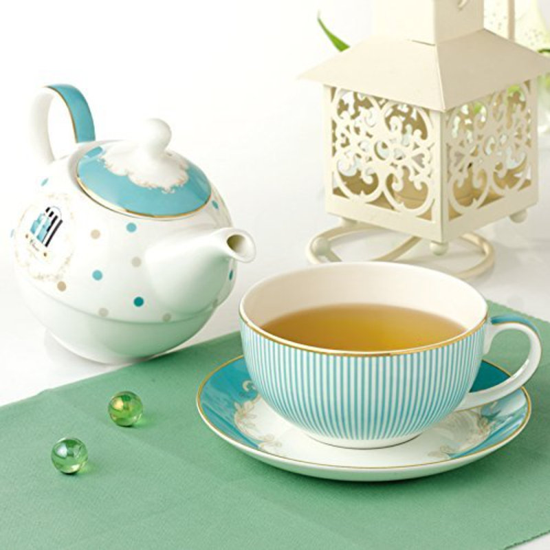 Bone China Blue Teapot And Server Set For One, Teapot Cup And Saucer Set