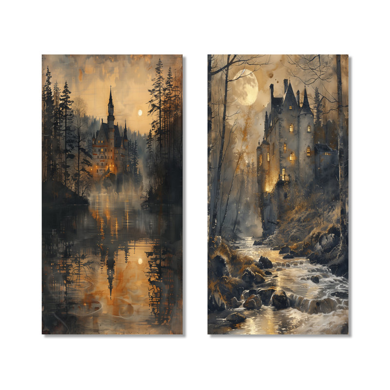 Loup-garou magique au clair de lune jaune et jaune - ensemble d'art mural en métal français de 2, 32" H x 32" W