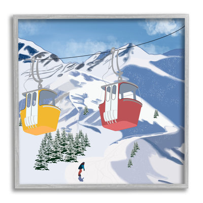 Ski Life Shuttle Snowy Mountain Landscape Snowboard Athlete Gray Farmhouse Rustic Framed Giclee Texturized Art by Ashley Singleton