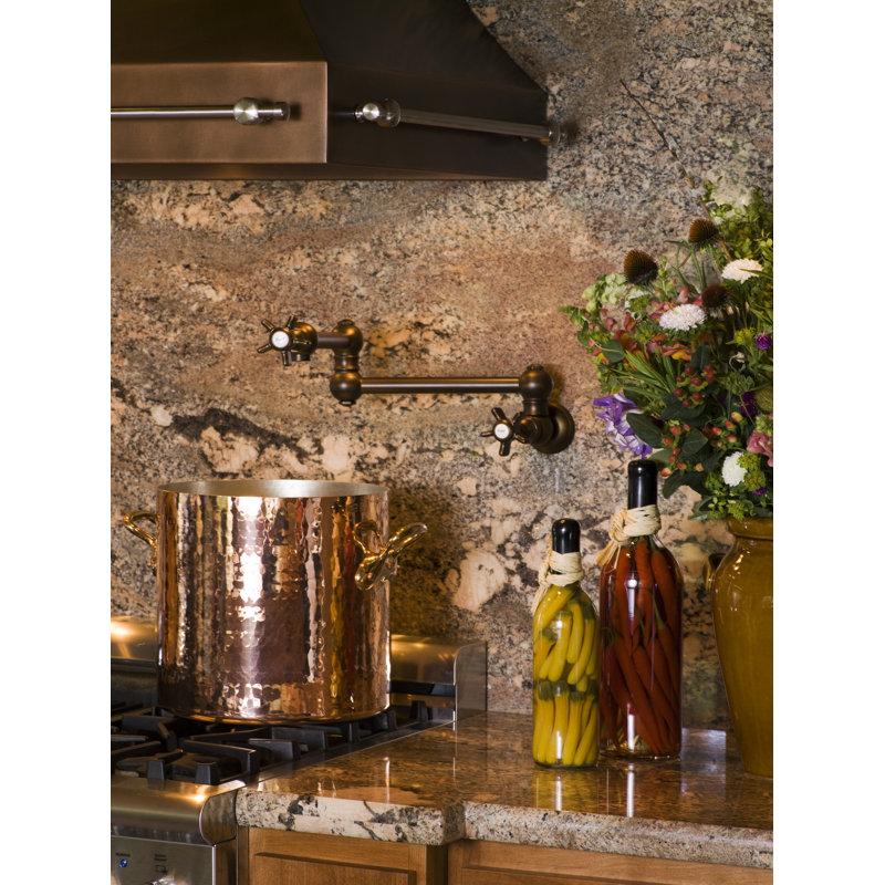Country Kitchen Two Handle Wall Mounted Swing Arm Fold Away Pot Filler Faucet with Handles, Italian Brass, Metal Levers