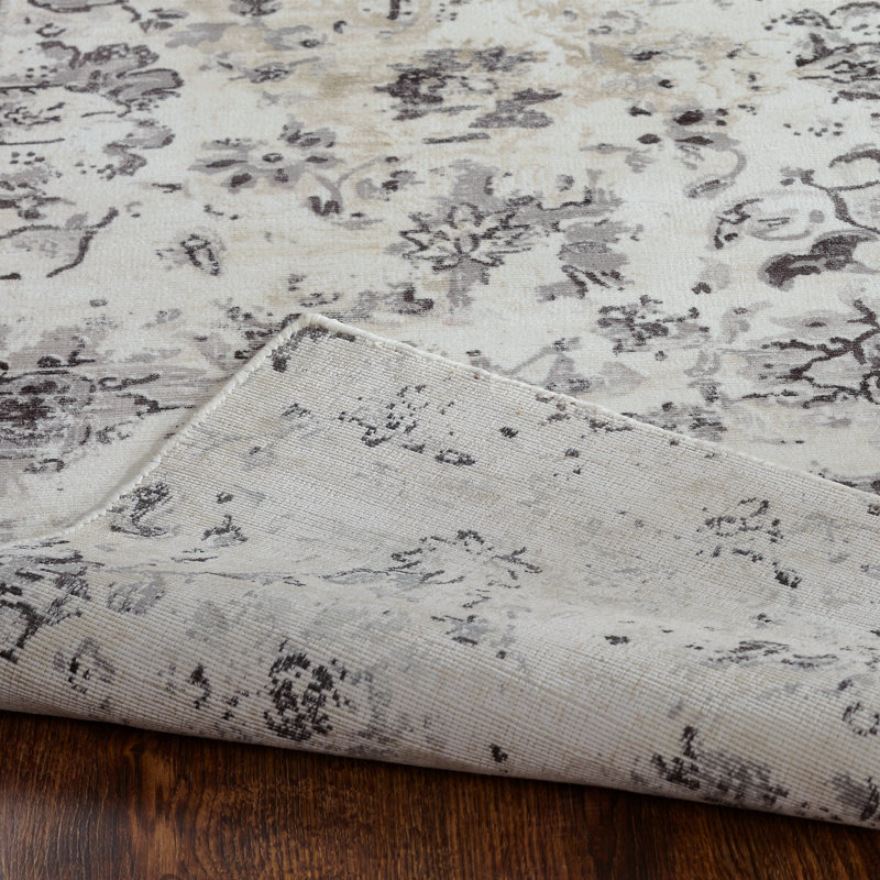Tapis gris / ivoire en soie tissé à la main Rosemarie, Rectangle 7 pi 6 po x 9 pi 6 po