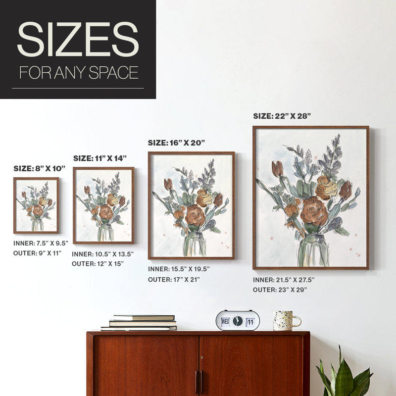 Aquarelle arrangement floral II, reproduction encadrée - bois massif, Brun, H 20 po x l 16 po