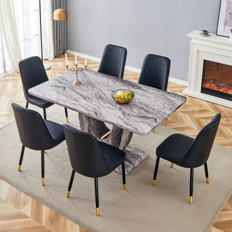 63" Modern Gray Dining Table Set With PU Leather Chairs, U-Shaped MDF Base, Black, 7 Pieces: Table, 6 Chairs