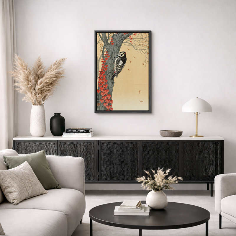 Illustration d'un pic sur un arbre d'automne, images d'oiseaux classiques, impression sur toile encadrée, Cadre flottant noir