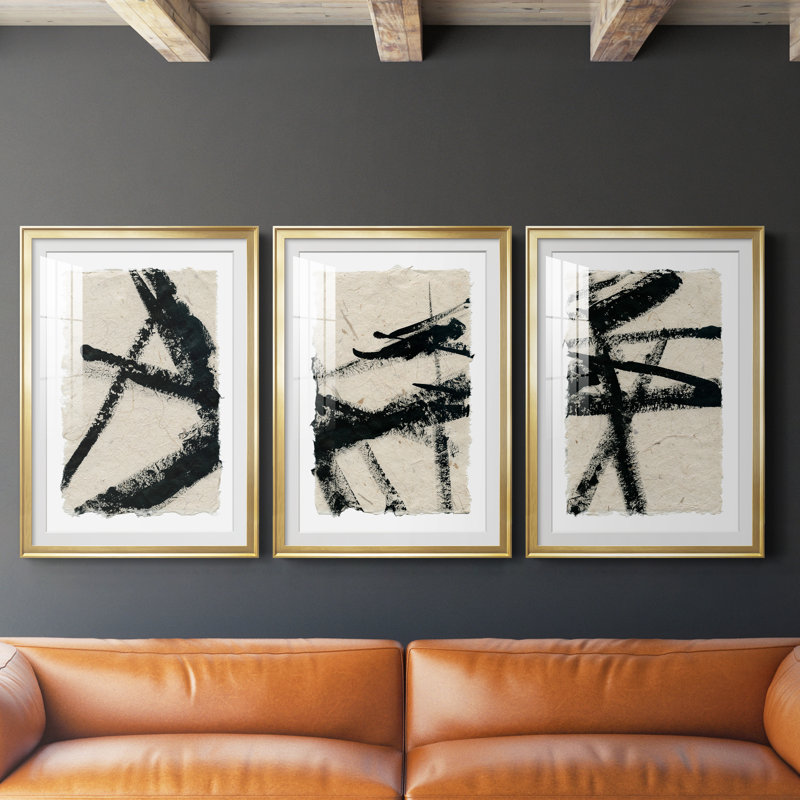 «Lines Crossed I», ensemble de 3 cadres photo, H 30,5 po x l 127,5 po x P 1,5 po, Encadrement doré