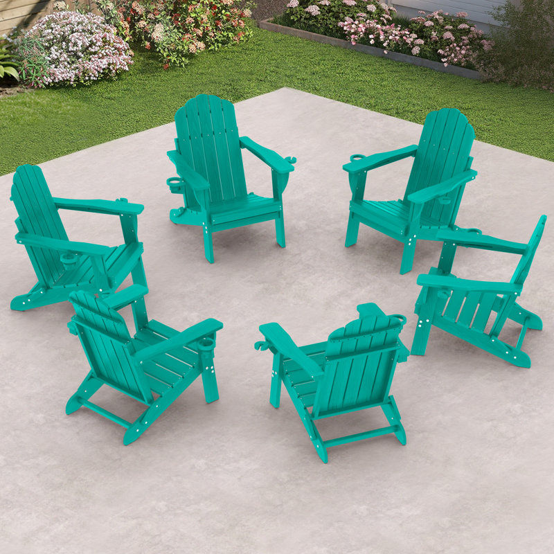 Chaise pliante en PEHD Adirondack à texture de bois avec porte-gobelet (ensemble de 6), Sarcelle