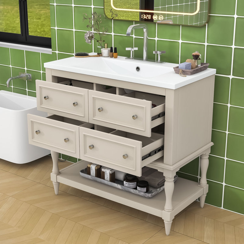 Armoire de meuble-lavabo moderne avec cadre en bois et quatre tiroirs, Beige