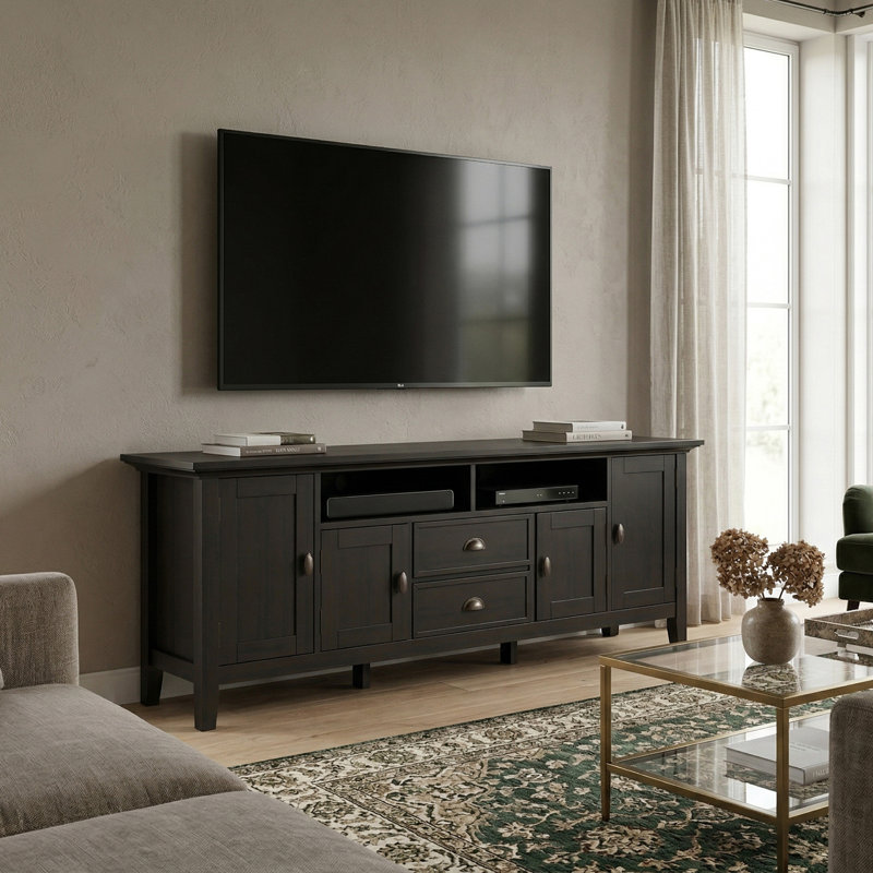 Meuble télé en bois massif de 72 po avec 2 armoires, 2 tiroirs et tablettes ouvertes Redmond, Noyer blanc brun