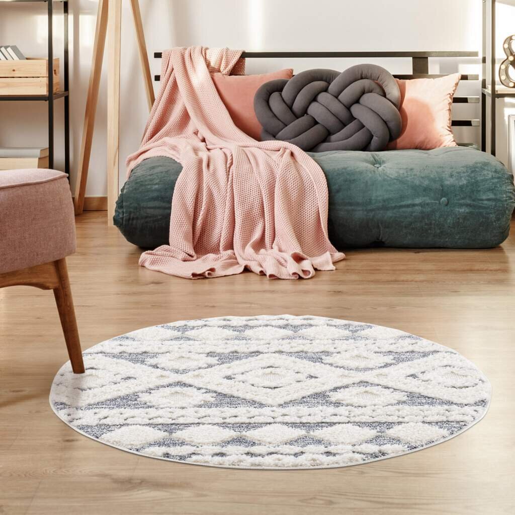 Teppich Focus 3005 Hochflor Boho Wohnzimmer Creme, Graublau Hochtief-Muster/ 3D-Effekt Rautenmuster Stevens