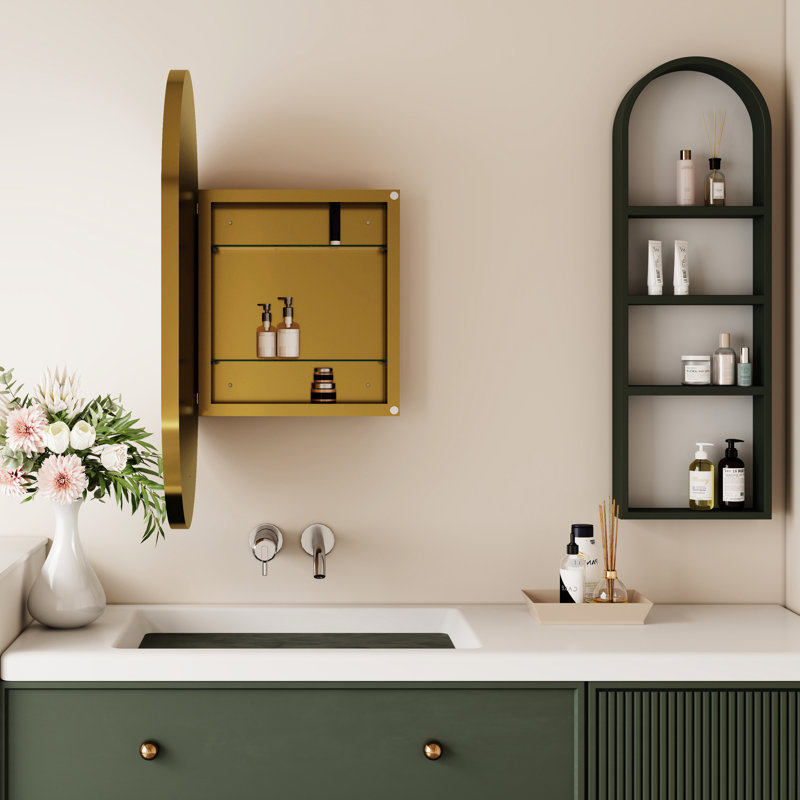 20.41X32.47X4.4 Inch Oval Recessed Bathroom Shelf Cabinet, Matte Gold Metal Frame And Adjustable Shelves With Mirror 20X34 Framed Cabinet For Storage, Medicine