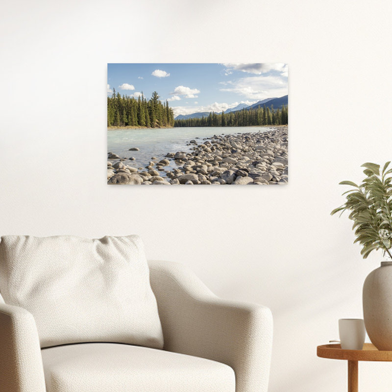 Serene Mountain River Shore Peaceful Serene Tranquil Forest Landscape Wall Art Print 1 Piece Wrapped Canvas Wall Art