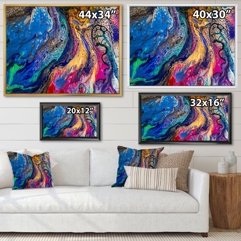 Rouge rouge bleu et jaune marbre - peinture sur toile, H 30 po x l 40 po, Cadre flottant noir