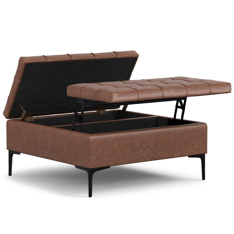 Laura 36"W Upholstered Square Storage Ottoman with Split Lift Top and 2 Storage Compartments, Brown