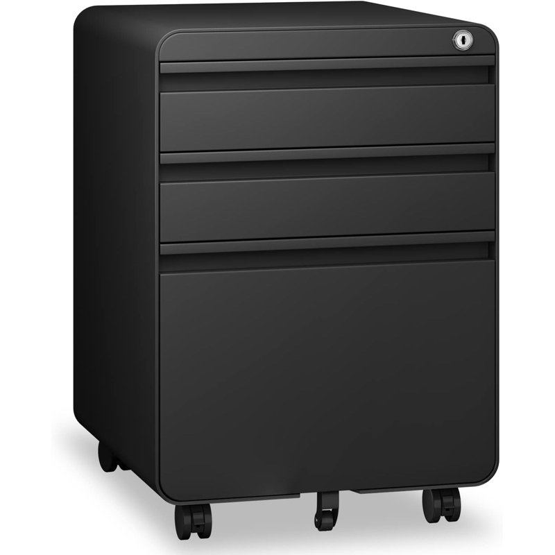 3 Drawer File Cabinet, Metal Filing Cabinets with Lock Wheels, Anti-tilt Under Desk Design (No Assembly Required), Black
