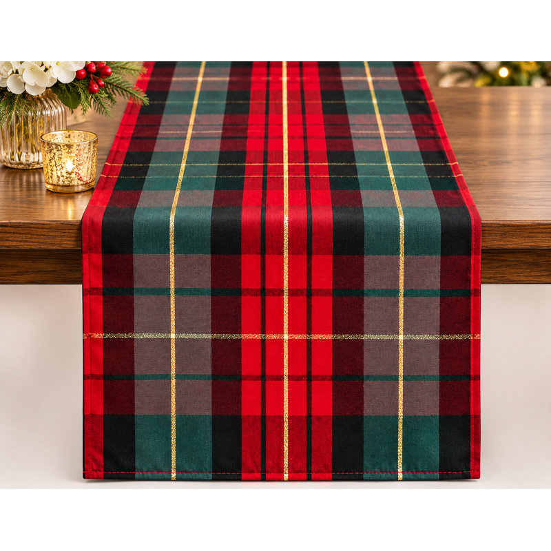 Classic Red & Green Holiday Tartan Plaid Table Runner, 108" x 16"