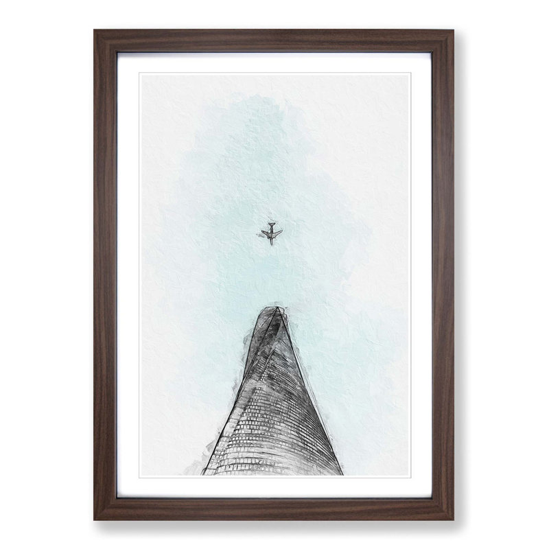 Airplane Above The World In Abstract - Single Picture Frame Painting, Walnut Framed, 33cm H x 24cm W x 2cm D