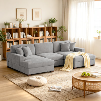 3 - Piece Upholstered Gray Chenille Modular Sectional Sofa with Armrests & Throw Pillows