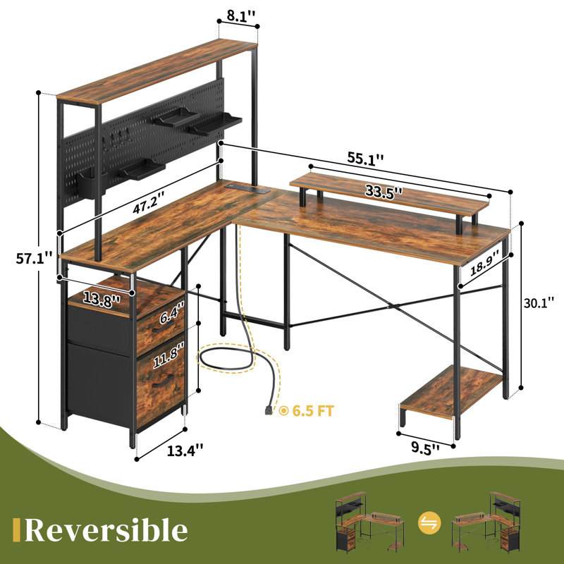 Brown/Black L-Shaped Gaming Desk with Power Outlets and Drawers