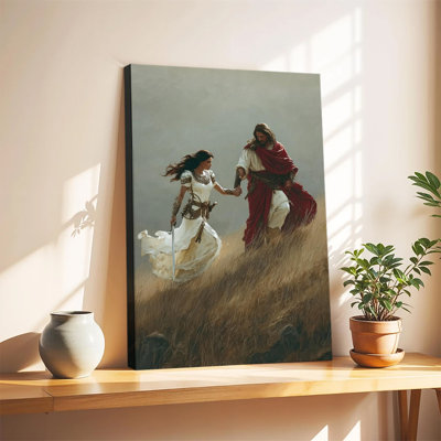 Tableau grand format sur toile tendue représentant Jésus tenant la main d'une guerrière dans la prairie, idéal pour le salon ou la chambre.