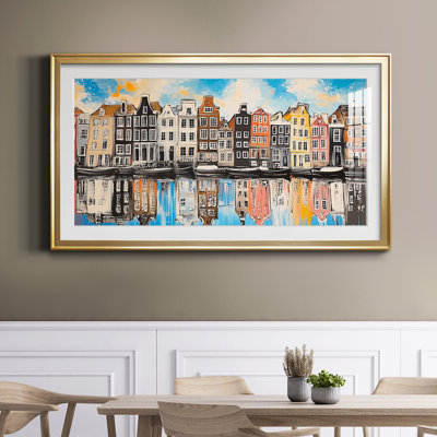 Art mural sur toile coloré "Canal de Amsterdam coloré" - Paysage urbain - Série paysage XLVII, ouverture 16 x 32 dans un cadre noir, extérieur 19 x 35