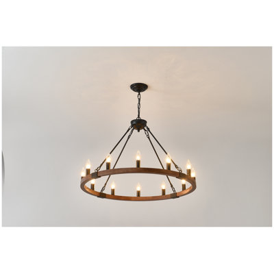 31.5" Matte Black and Wood Wagon Wheel Chandelier - 12-Light Farmhouse Pendant