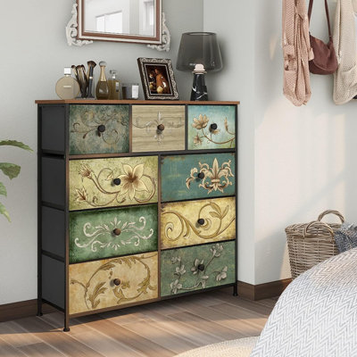 Commode avec tiroirs pour commode de chambre à coucher Commode en tissu pour garde-robe, porte d'entrée pour chambre d'enfant, meuble télé pour salon avec tiroirs à motif floral rétro (9 tiroirs)