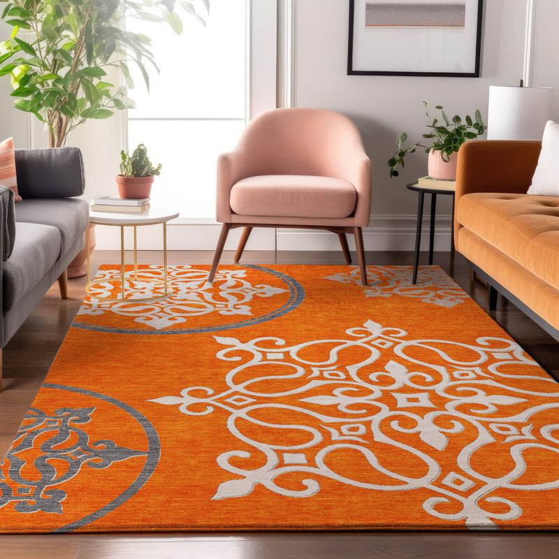 Tapis orange Prisco lavable à la machine de qualité supérieure, Rectangle 9 pi x 12 pi