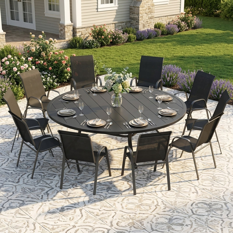 60" Round Patio Dining Set For 10-Person, Black/Charcoal
