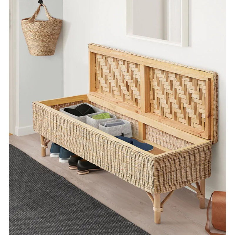 Repose-pieds rectangulaire en bois et rotin
