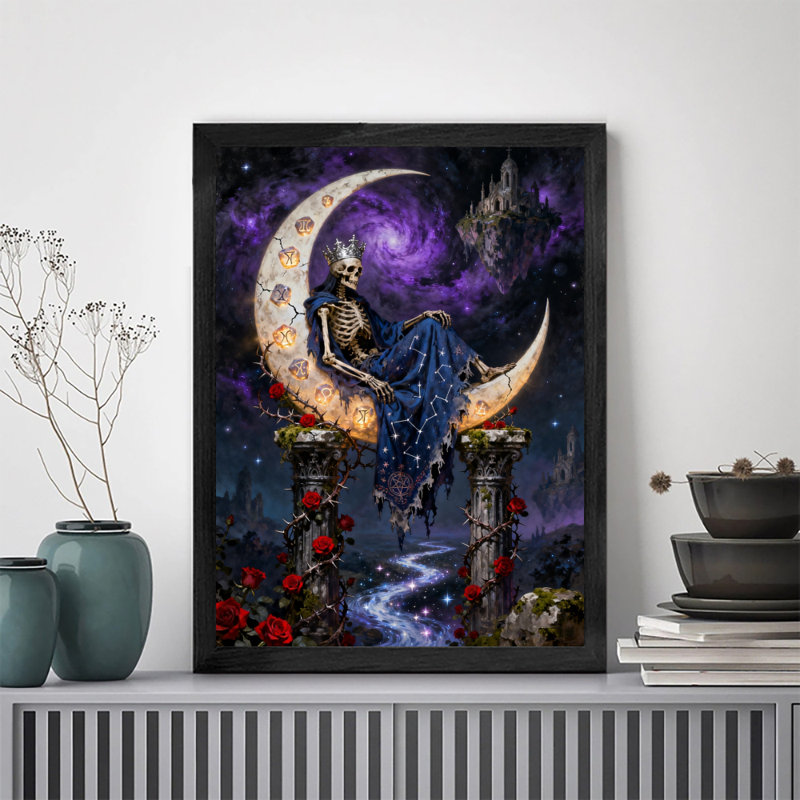 Art mural encadré noir squelette rétro assis sur la lune, mystérieuse astrologie, impressions de style sombre