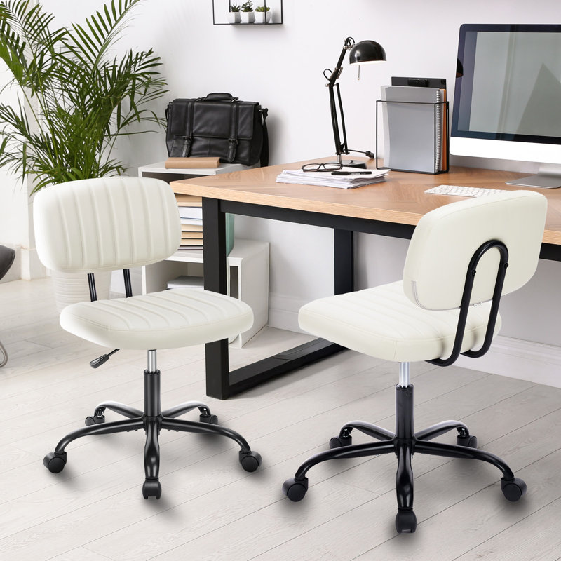 Armless Office Swivel Chair Leather Vanity Chair (Set of 2), White
