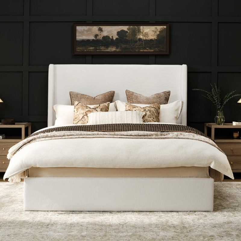  Queen Bed Frame With 53" Extra Tall Wingback Headboard, Luxury Upholstered Platform Bed, Heavy Duty Support, Noise-Free, Easy Assembly, No Box Spring Needed, Ivory White Canvas
