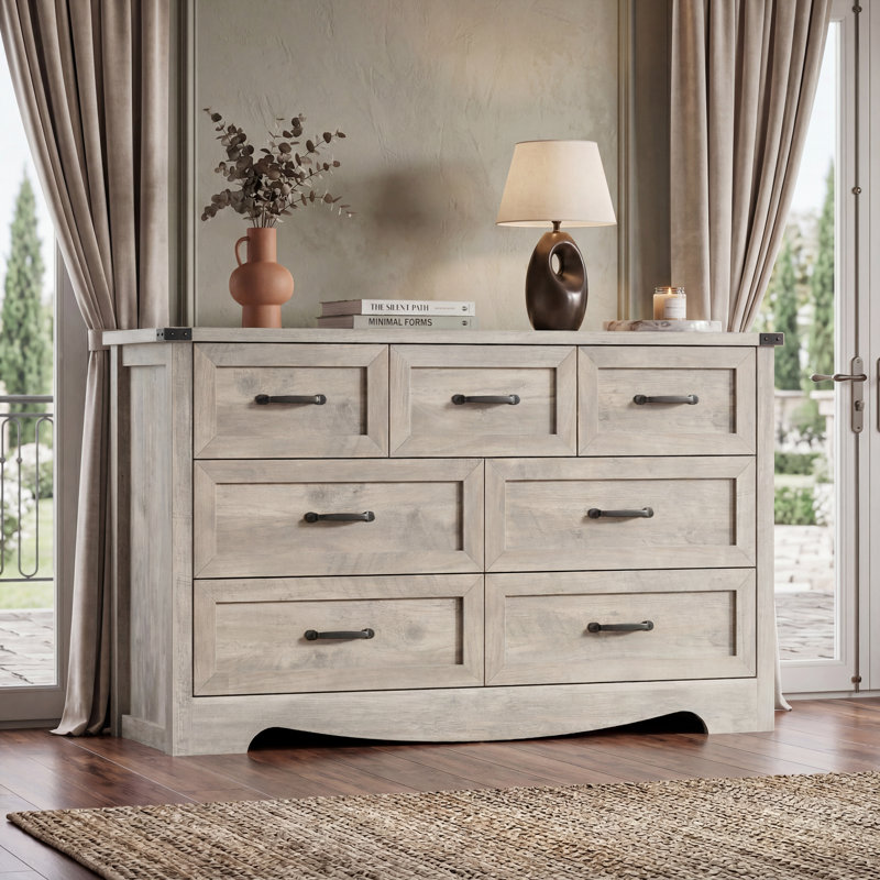 Rustic 7 Drawer Dresser 47''W Chest of Storage Drawers with Metal Handle, Gray