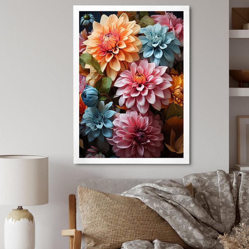 «Beautiful Pastel Zinnias Blooms I - Flower», art mural, Cadre flottant doré, H 32 po x l 16 po x P 1 po