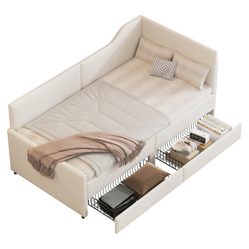 Twin Size L-Shaped Corduroy Daybed,Upholstered Bed Frame With  2 Storage Drawers, Beige, Beige
