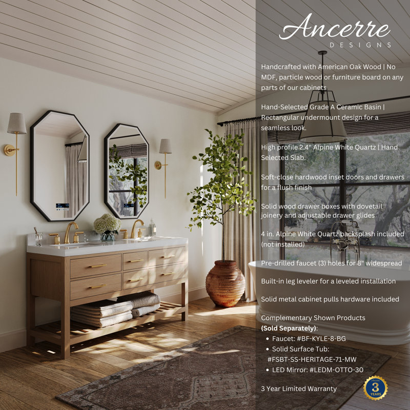 Elizabeth 60'' W Vanity, Oak/Rose Gold, Pure White Quartz