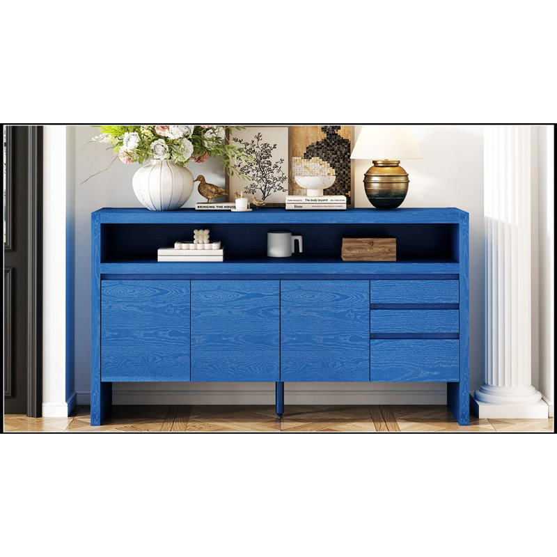 Modern Solid Ash Veneer MDF Sideboard With 3 Drawers And Semi-Open Shelf, For Living Room And Dining Area Storage, Navy Blue