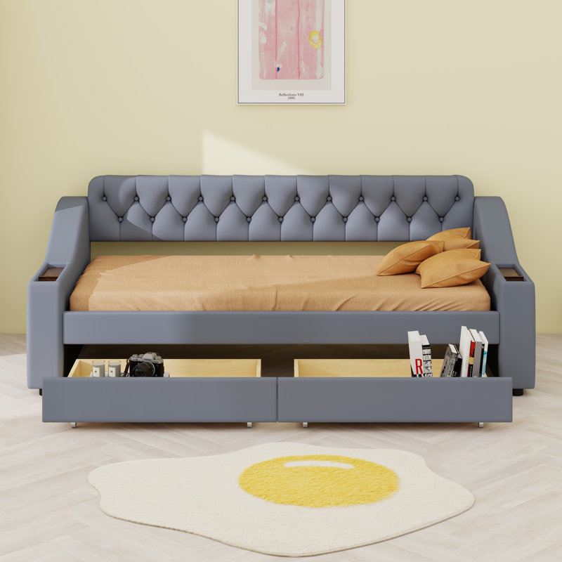 Upholstered Daybed With Drawers,Storage Armrests And USB Port, Gray