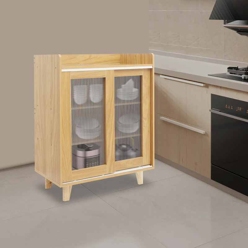 Floor Standing Sideboard Cabinet Kitchen Storage Organizer  Walnut Color, Yellow