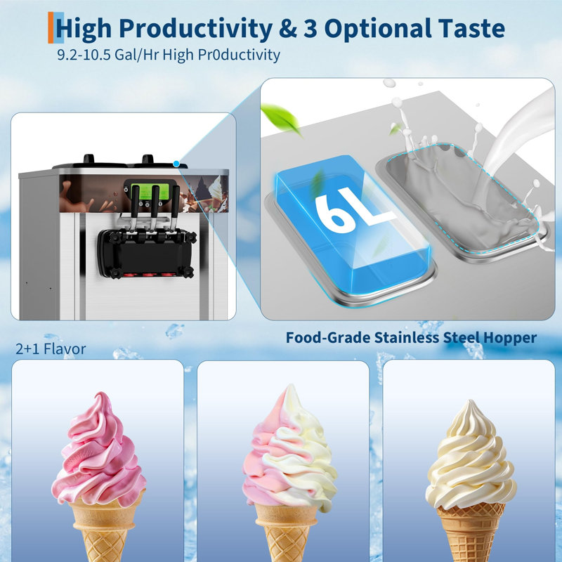 Machine à crème glacée commerciale 1500W à saveur douce 1500W, sortie de 5,3 à 7,4 gallons par heure, deux trémies en acier inoxydable de 6 L, contrôle à DEL et autonettoyant à une touche pour les cafés, les restaurants et les collations