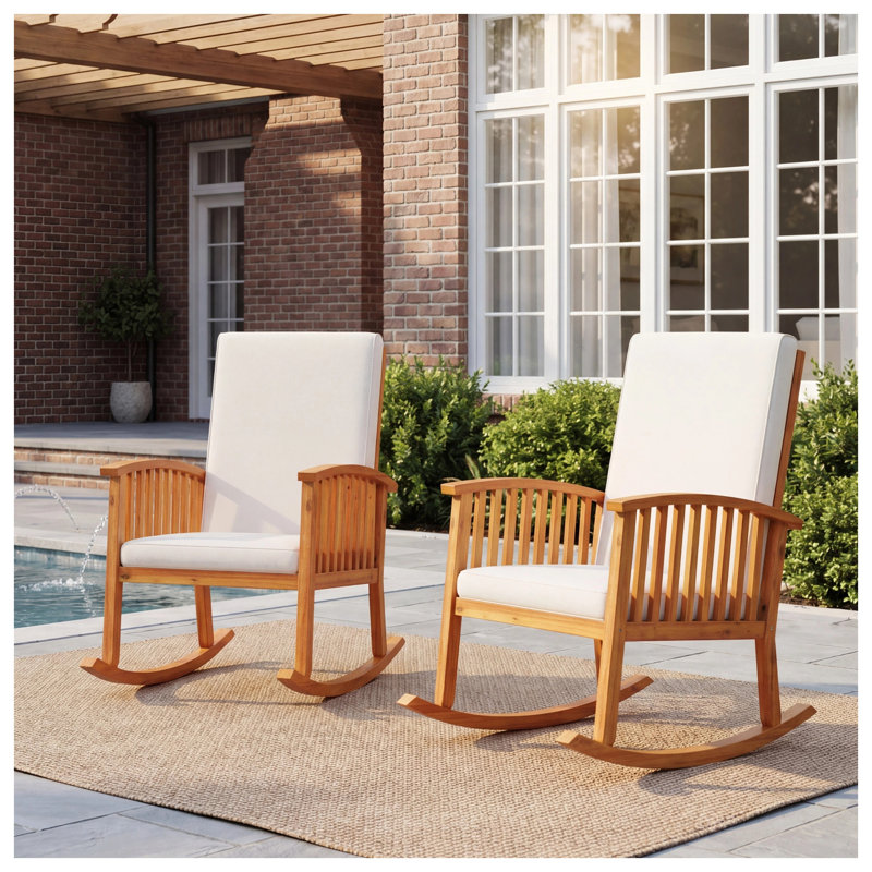 Chaise berçante d'extérieur en bois d'acacia avec coussin, chaise berçante de patio brun