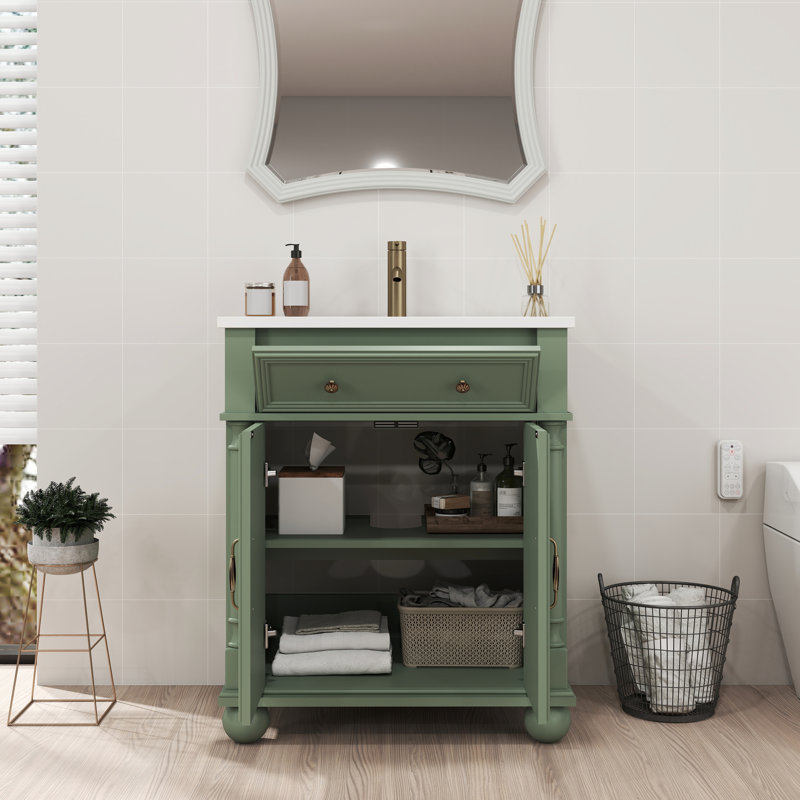 Meuble-lavabo de 28 po avec base à colonne romaine, rangement de qualité P2, lavabo Mid-Century facile à nettoyer, poignées en métal, lavabo profond pour garder le comptoir au sec