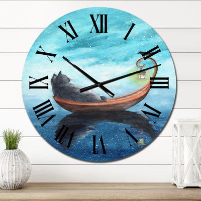 A Cat in a Boat with Lantern and with a Black Bird - Nautical & Coastal Wall Clock